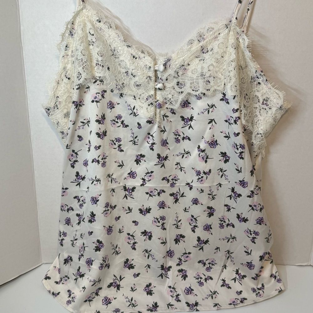 Y2K Style Satin Babydoll Cami Dainty Floral Print Lace Trim 90s Cottage Fairy